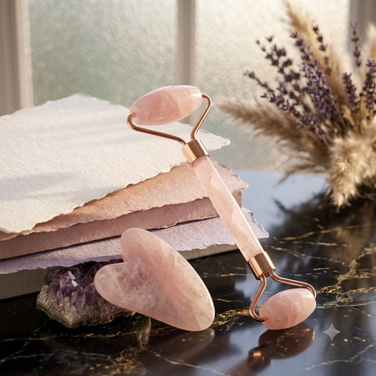 Duo Roller et Gua Sha en quartz rose pour le massage du visage