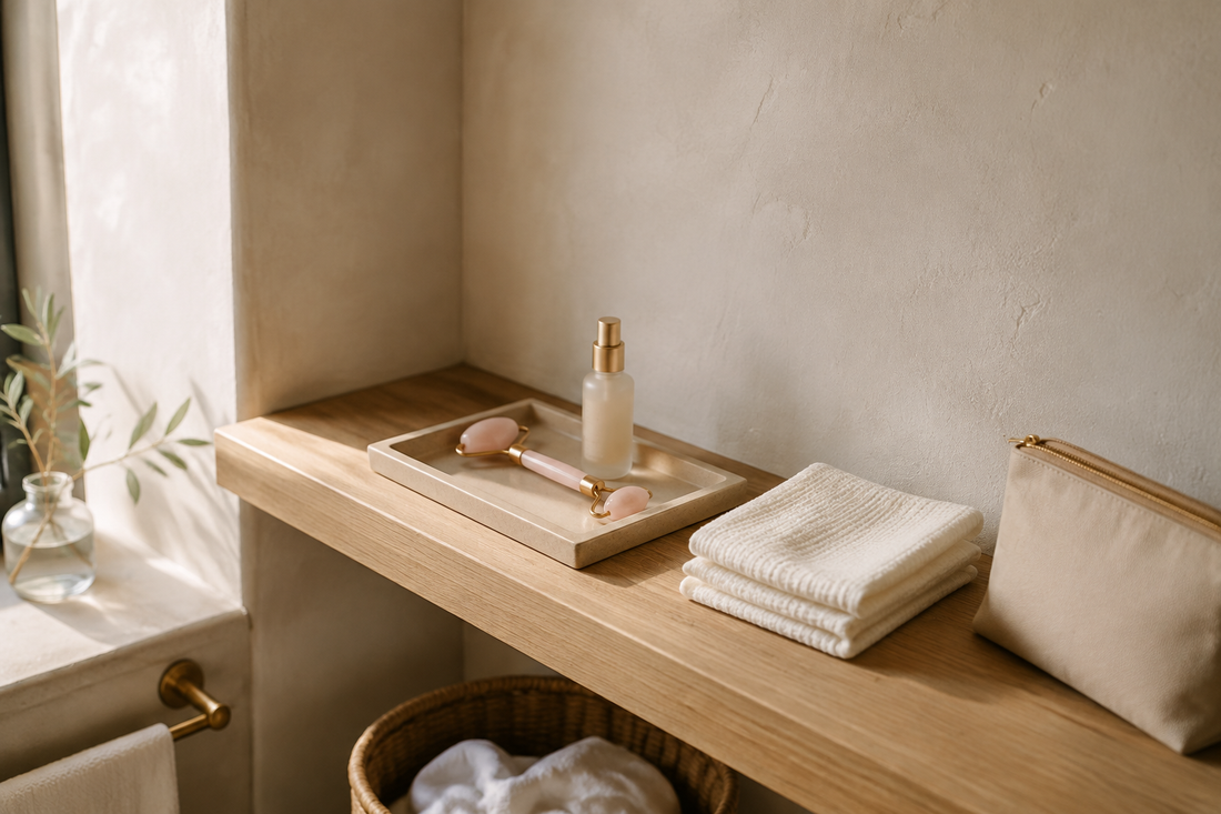 Coin soin aménagé sur une étagère en bois avec un roller visage, un flacon, des linges pliés et une pochette.