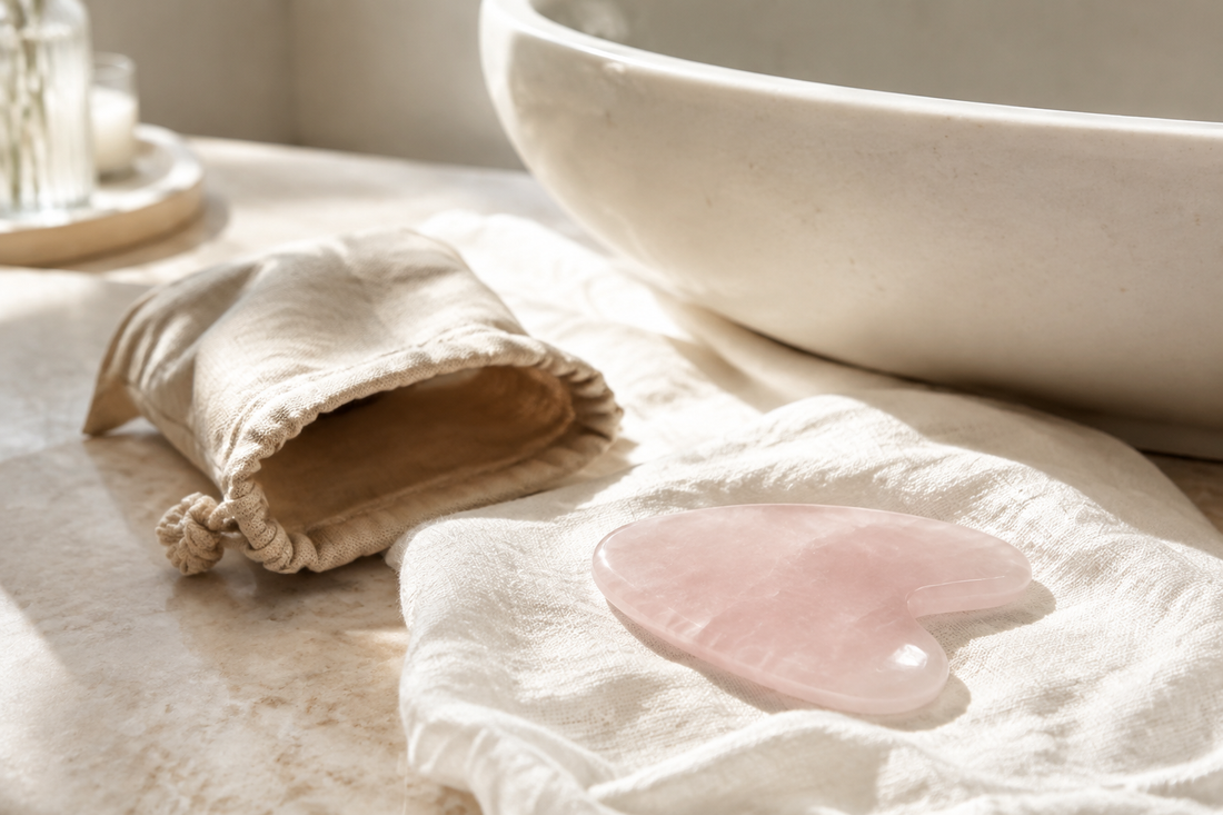 Gua Sha rose posé sur un linge propre près de sa pochette de rangement et d’un lavabo.