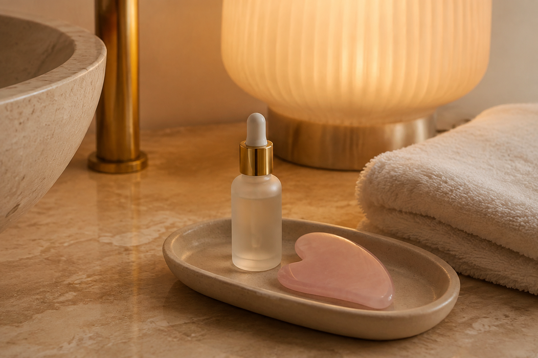 Gua Sha rose et flacon de soin sur un plateau, accompagnés de serviettes dans une lumière chaude