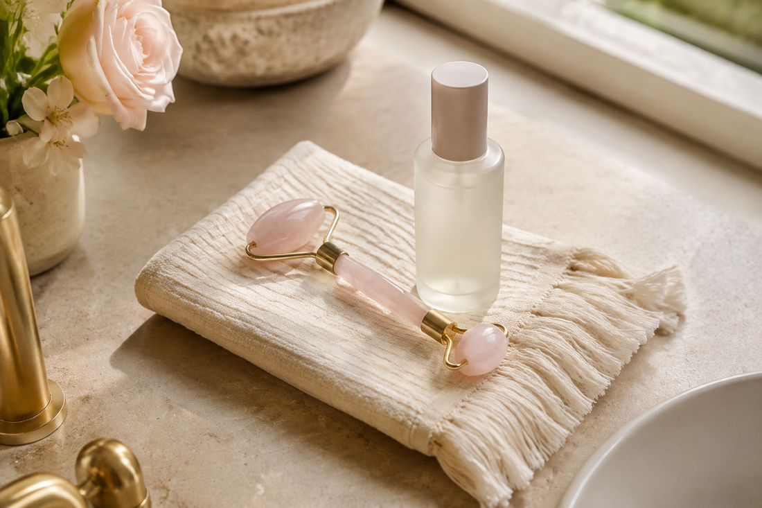 Roller visage rose posé sur une serviette claire à côté d’un flacon de soin, dans une lumière matinale.