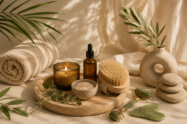 Accessoires de bien-être et de relaxation dans un univers spa naturel et apaisant