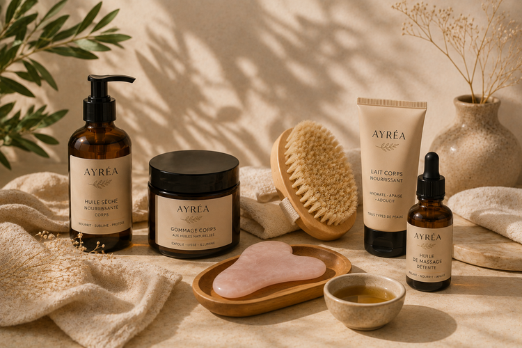 Soins du corps, huiles de massage et accessoires de relaxation dans un univers naturel