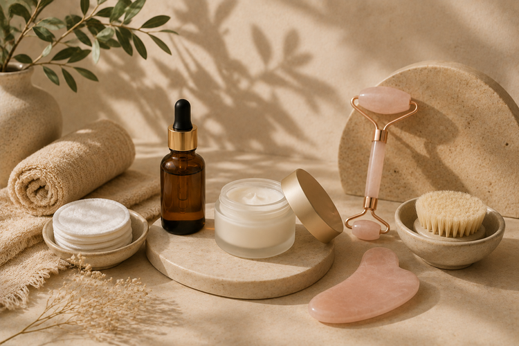 Soins du visage et accessoires de massage facial dans un univers naturel et apaisant